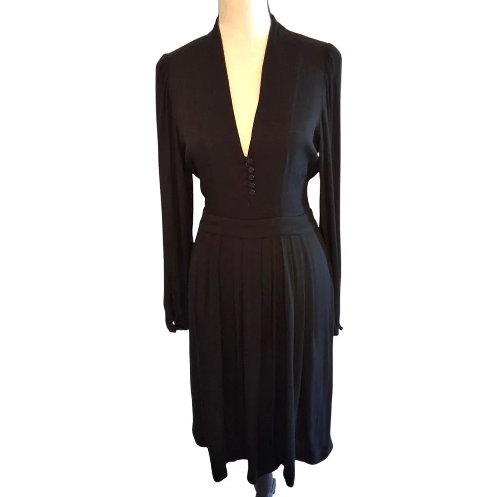 Isabel Marant Étoile Black Long Sleeve Midi‎ Crepe Dress Button V-Neck 36 (US 4)
